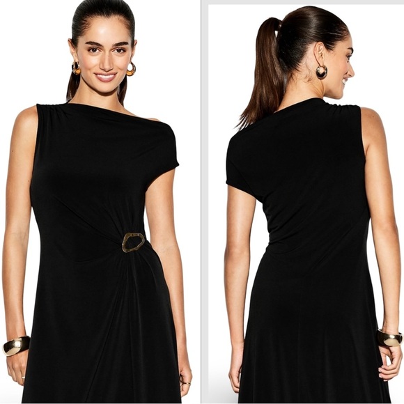 NWTS💓THE OCCASION LG💓LUSTROUS BLACK OFF SHOULDER TWIST SIDE DRESS SILVER HW - Picture 3 of 16